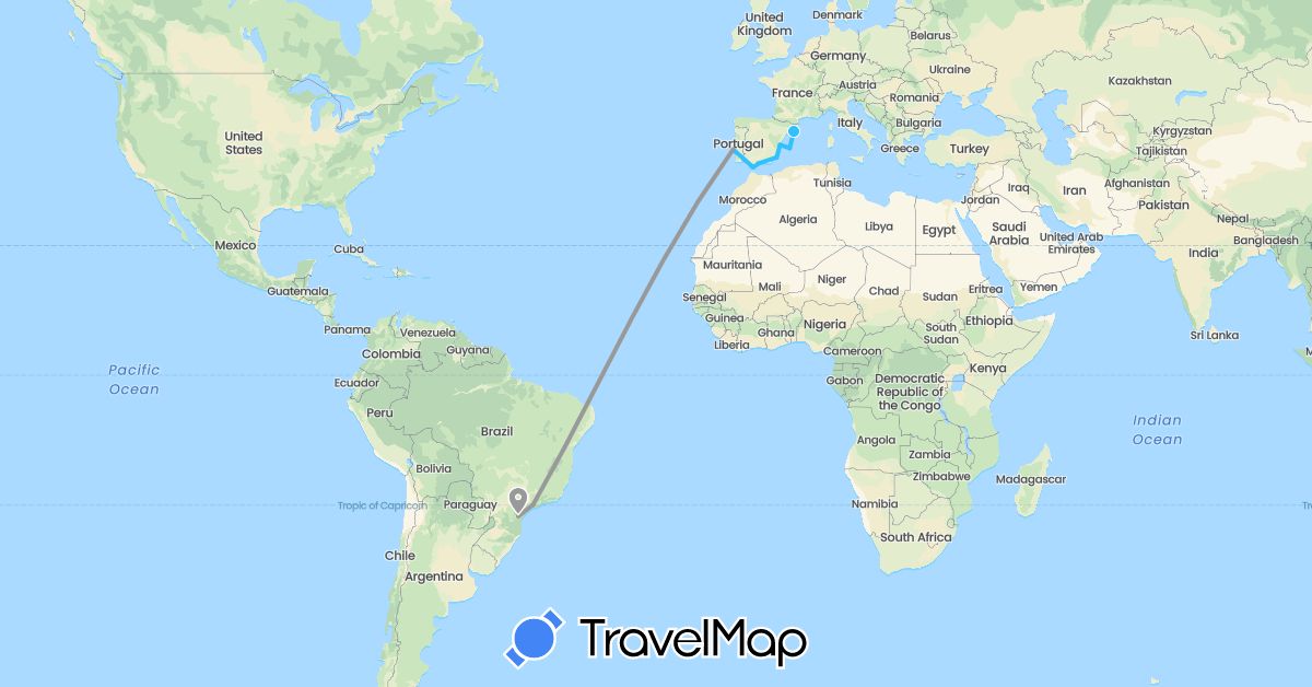 TravelMap itinerary: plane, boat in Brazil, Spain, Gibraltar, Portugal (Europe, South America)